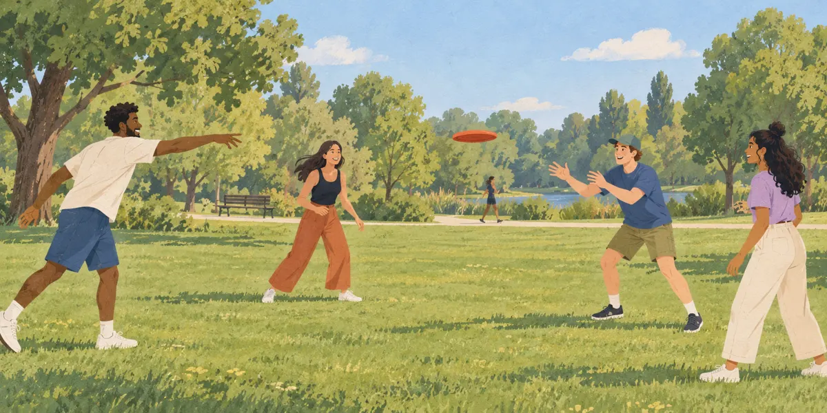 Ilustracja osób grających we frisbee na wolnym trawniku w parku.