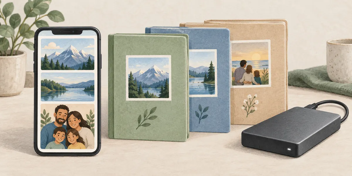 Ilustracja telefonu z fotografiami, uporządkowanych albumów i dysku do przechowywania kopii zdjęć
